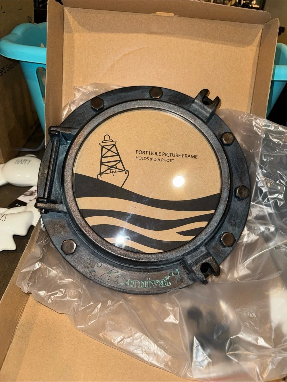 Rare Carnival Cruise Line Gunmetal  Molded Porthole Picture Frame 8